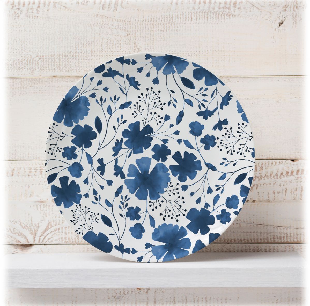 Ceramic dinner plate designed by Dizzywonders - buy on ArtWOW: Blue white floral watercolour pattern
