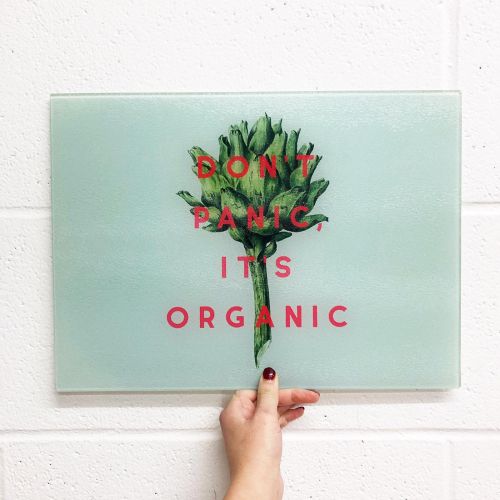 Don't panic it's organic - glass chopping board designed by Art Wow artist The 13 prints