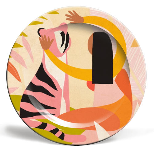 HE FEARLESS HUG - GIRL AND TIGER - colourful dinner plates designed by ART WOW artist Dominique Vari