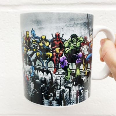 Buy unique coffee mugs on Art Wow: MARVEL & DC SUPERHEROES LUNCH ATOP A SKYSCRAPER: FEATURING CAPTAIN AMERICA, IRON MAN, BATMAN, WOLVERINE, DEADPOOL, HULK, FLASH & SUPERMAN